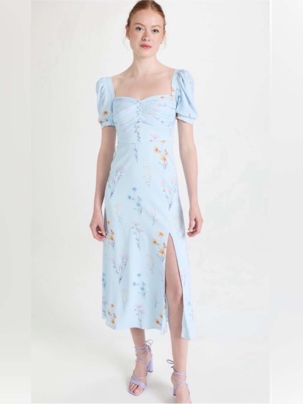 Self-Portrait Pastel Blue Floral Midi Dress with Puff Sleeves